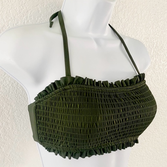 CUPSHE Olive Green Smocked Tie Back Bandeau Bathing Suit Top Size Medium - Picture 2 of 7